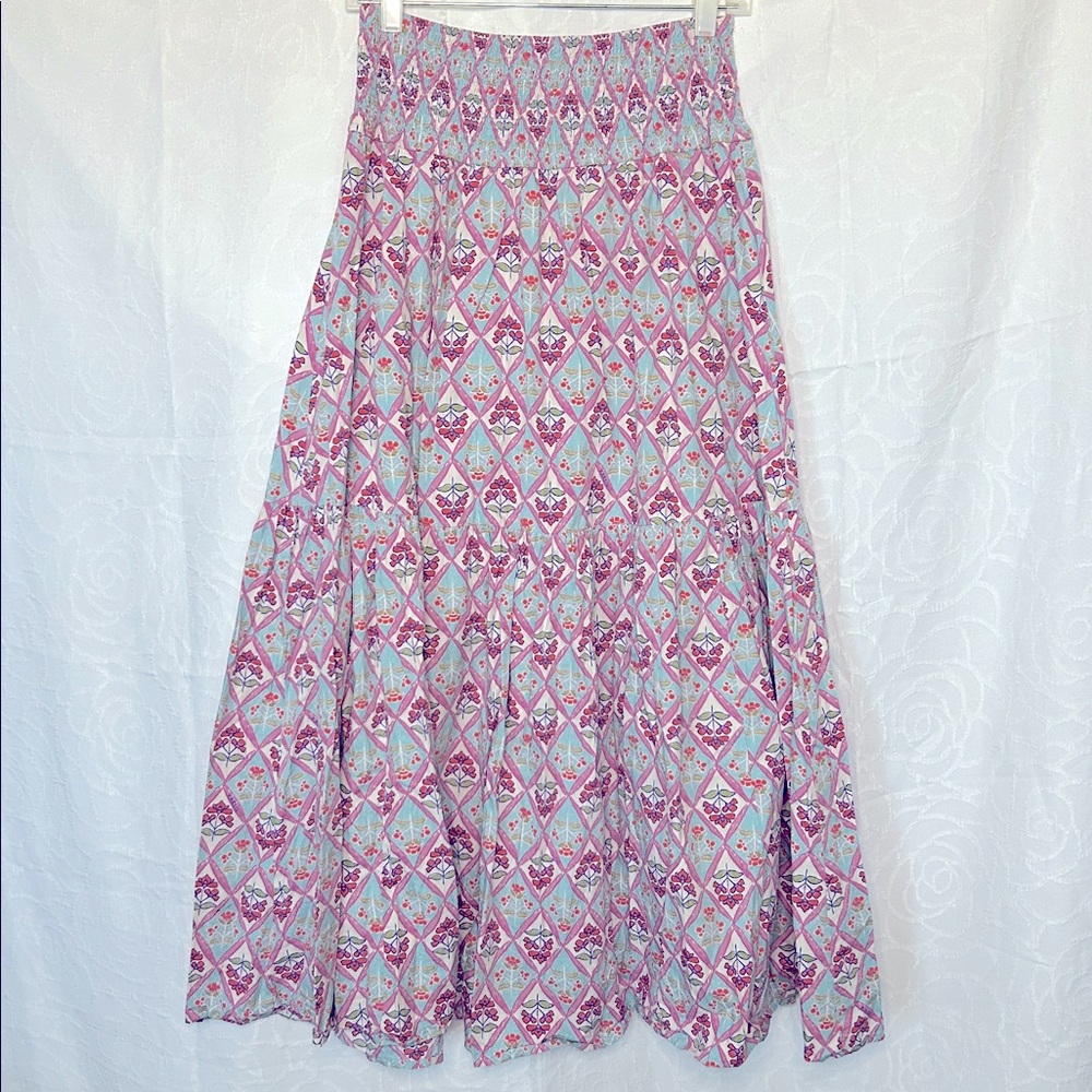 Karlie Pink and White Paris Floral Geometric Smock Tier Maxi Skirt. Size Large.